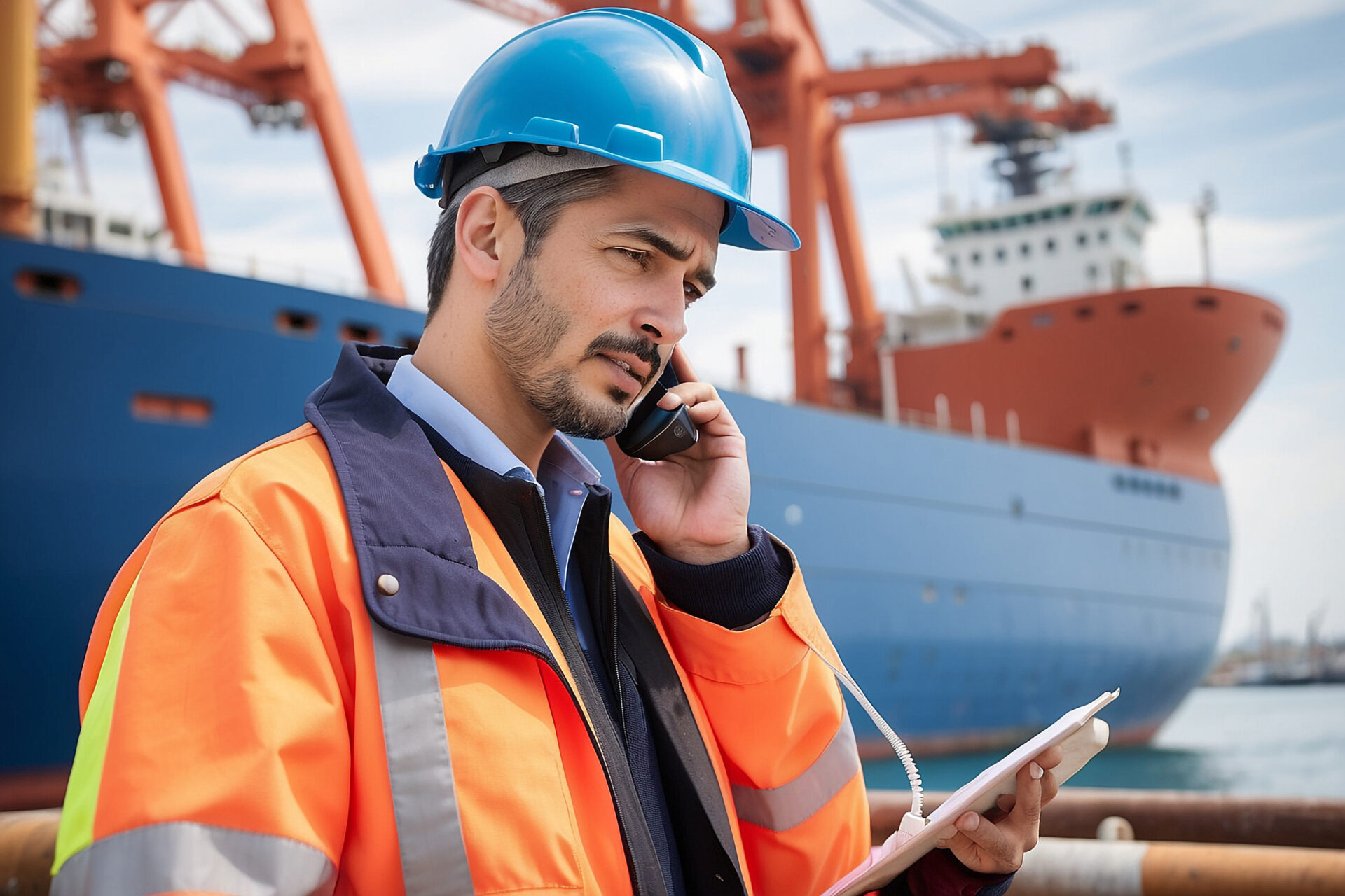 Closeup of a port engineer making a business call at a seaport